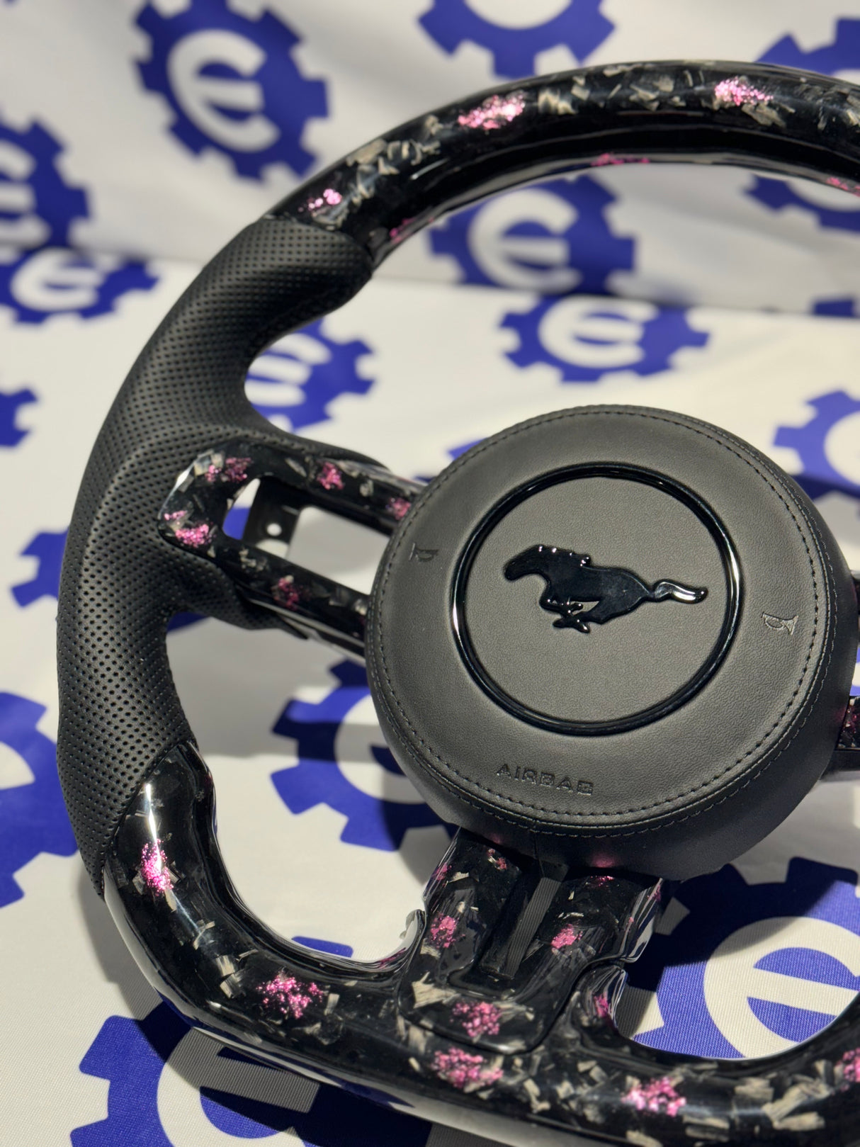 2015-2023 Ford Mustang Forged Carbon Fiber Steering Wheel + Pink Flakes + Airbag Cover - Preset
