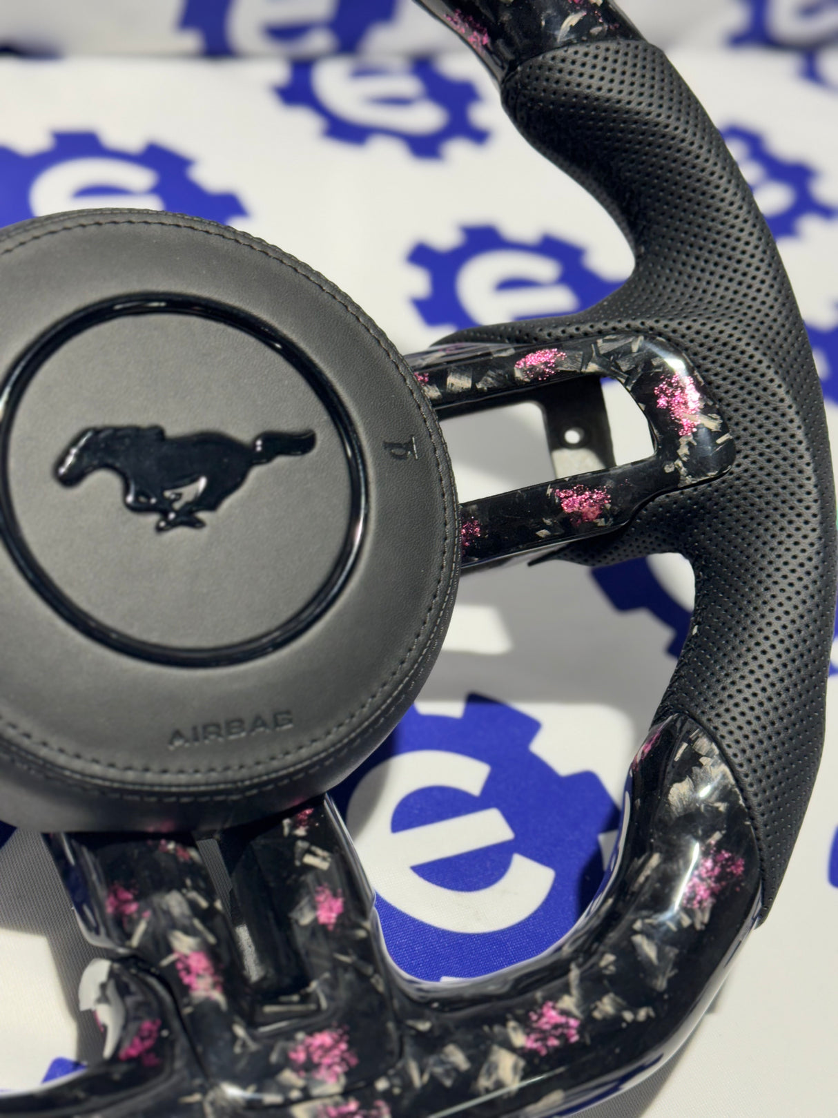 2015-2023 Ford Mustang Forged Carbon Fiber Steering Wheel + Pink Flakes + Airbag Cover - Preset