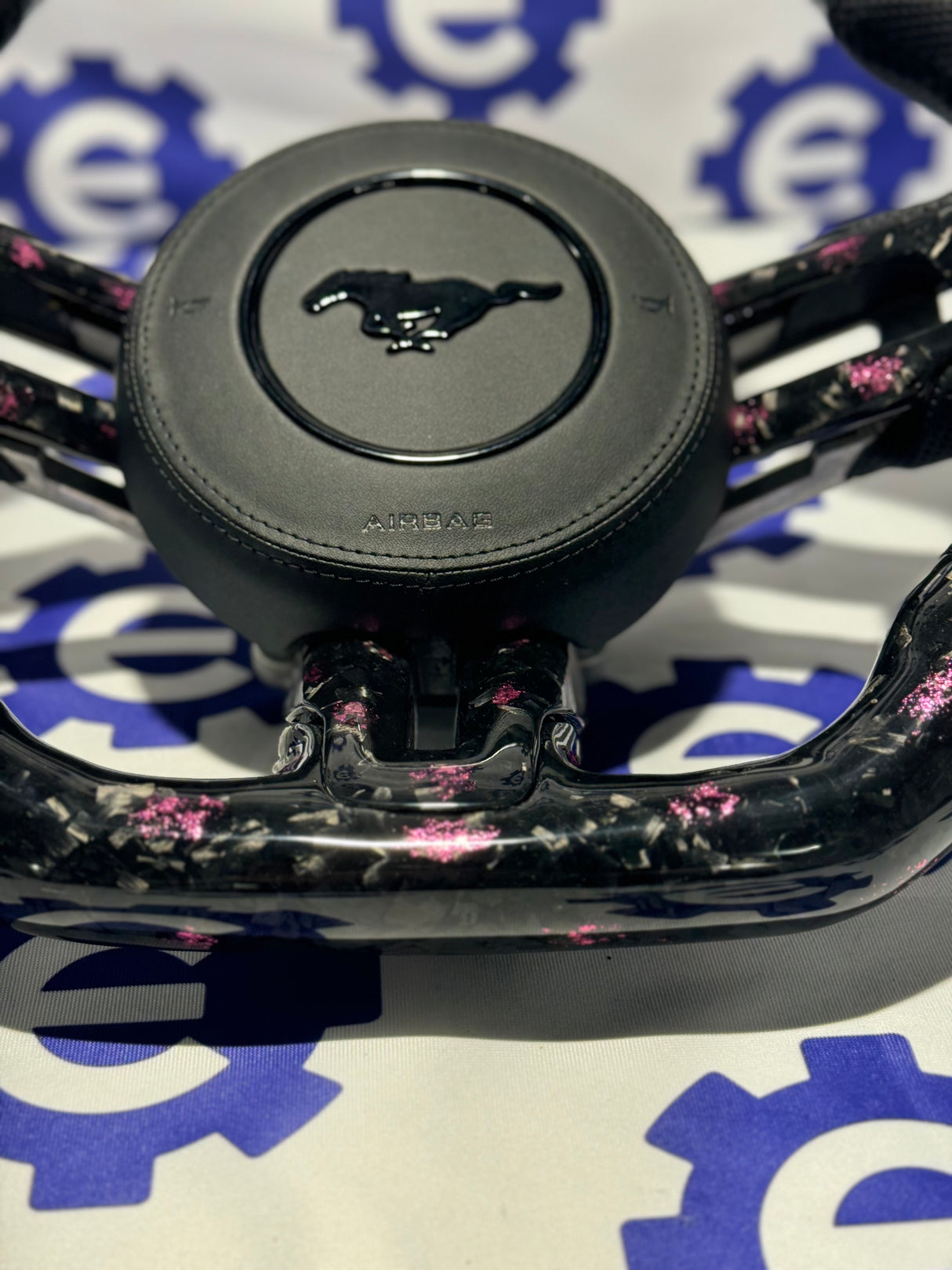 2015-2023 Ford Mustang Forged Carbon Fiber Steering Wheel + Pink Flakes + Airbag Cover - Preset