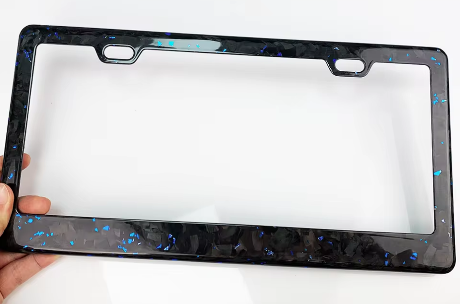 Blue Flaked Forged Carbon Fiber License Plate Frame