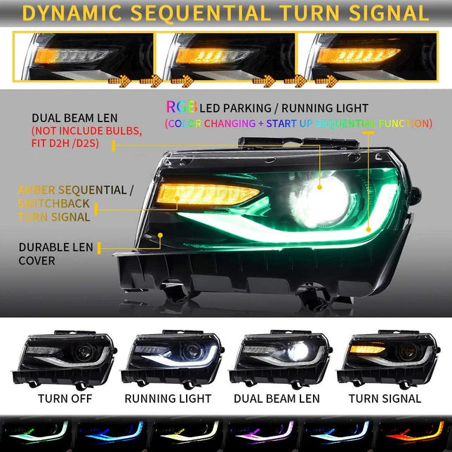 RGB Dual Beam Headlights For Chevrolet Camaro 5th Gen 2014 2015